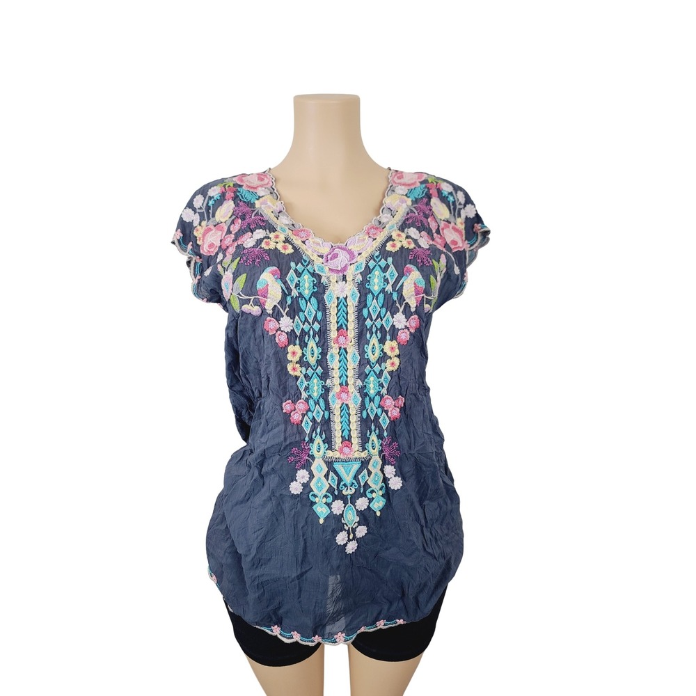 Johnny Was  V-Neck, Bohemian Embroidered Top, Women's Size S, Navy Blue. KT‎